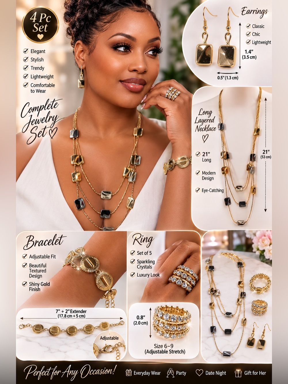 4 Pcs Gold-Tone Layered Necklace Set with Black Accents-Gold Ring & Bracelet